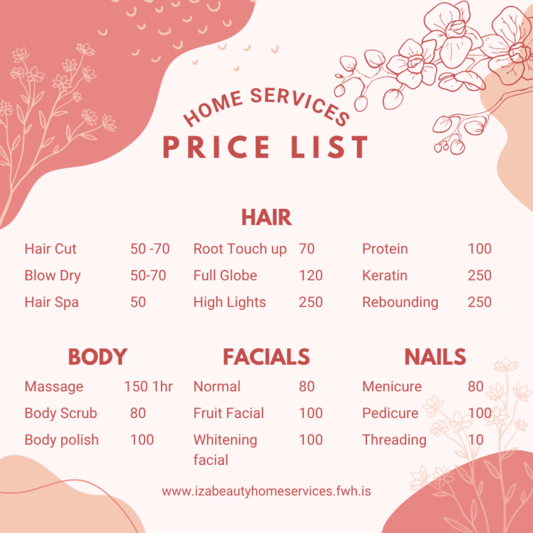 IZA Beauty Home Services price list for hair, body, facials, and nail treatments at home in Ajman, UAE